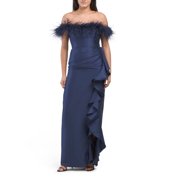 BADGLEY MISCHKA marine Off The Shoulder Ruffle Gown